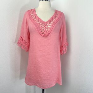 Coral Pink Crochet Tunic Blouse Large Beach Resort Travel Boho Whimsy Festival